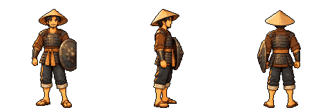 Pixel sprite of the Iron Guard, turning through front, right-profile and back views.