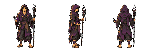 Pixel sprite of the Necromancer, turning through front, right-profile and back views.