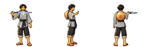 Pixel sprite of the Qi Sword Master, turning through front, right-profile and back views.
