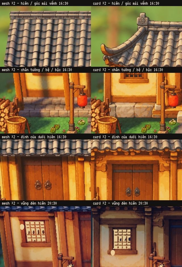 Close-ups comparing the 3D mesh house and the flat card version at the roof, the plinth, the door and the lamp pool.