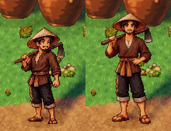 The hero and a villager at 1:1 and 3× pixel scale, comparing the earlier 128-pixel hero with the new 144-pixel hero.